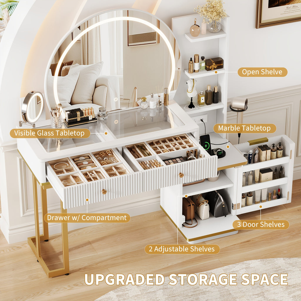 49.8"L Fluted Makeup Vanity Desk with Large 23.6"H Mirror And Lights, Modern Glass Top Big Vanity Table with 2 Drawers & Adjustable Shelves, Dressing Table with Charging Station for Bedroom