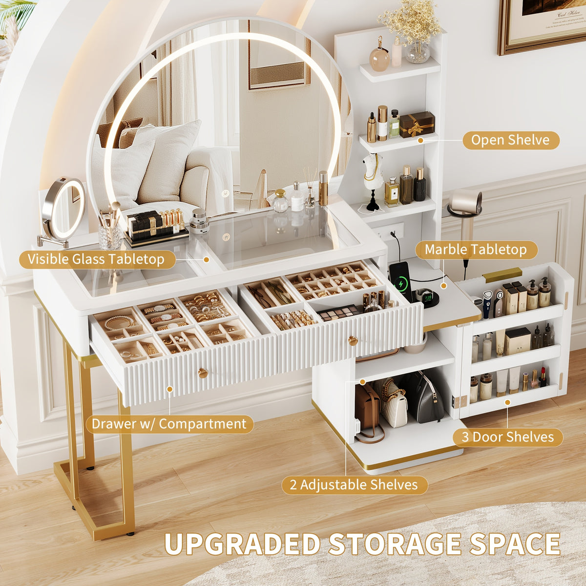 49.8"L Fluted Makeup Vanity Desk with Large 23.6"H Mirror And Lights, Modern Glass Top Big Vanity Table with 2 Drawers & Adjustable Shelves, Dressing Table with Charging Station for Bedroom
