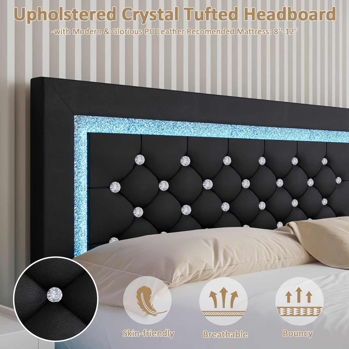 Twin Full Queen King Size Floating Bed Frame with LED Lights, Upholstered Platform Bed with Diamond Tufted Headboard, No Box Spring Needed, Noise Free, Easy Assembly, Black/Pink/White