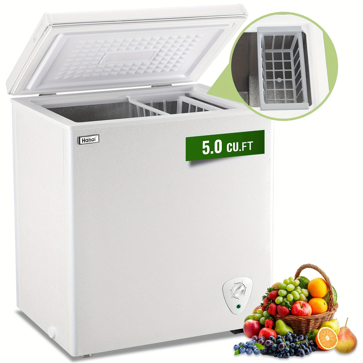 WANAI 5.0 Cu.Ft Chest Freezer With Removable Basket, Top Open Door Compact Freezer With Adjustable Temperature For Home/Kitchen/Office/Dorm WHITE