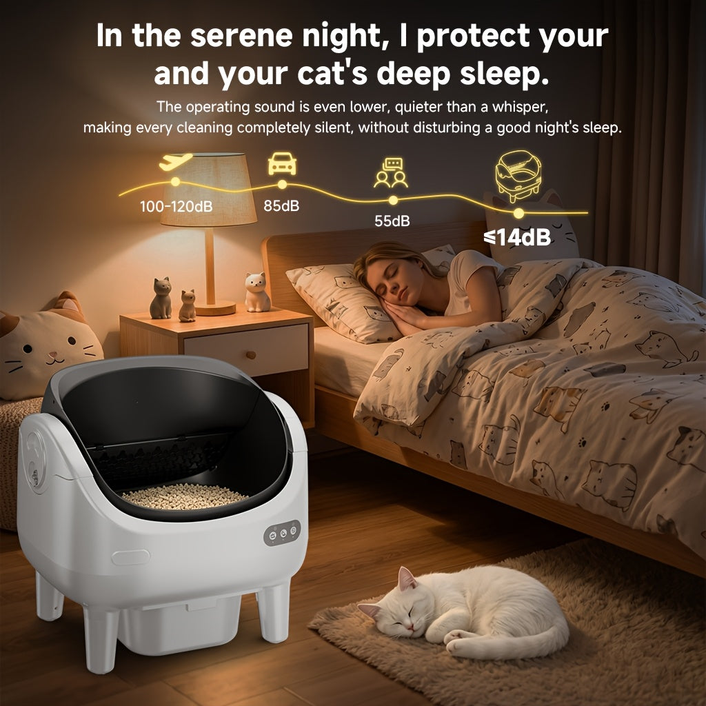 [Self-Cleaning Litter Box] Extra-Large Smart Self-Cleaning Litter Box with Built-In Sterilizing Light for Double Deodorization, Large-Capacity Waste Tray, 14-Day Automatic Cleaning, Open Design, Ideal Choice for Busy Households, Without Battery