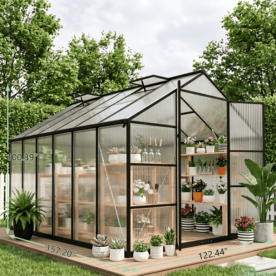 [Polycarbonate Greenhouse] 10X12 FT Greenhouse, Greenhouses For Outside, Polycarbonate Greenhouse With Aluminum Frame, Lockable Door And Ajustable Roof Vent For Backyard, Green Houses For Outside Garden Backyard, Patio, Garden Houses