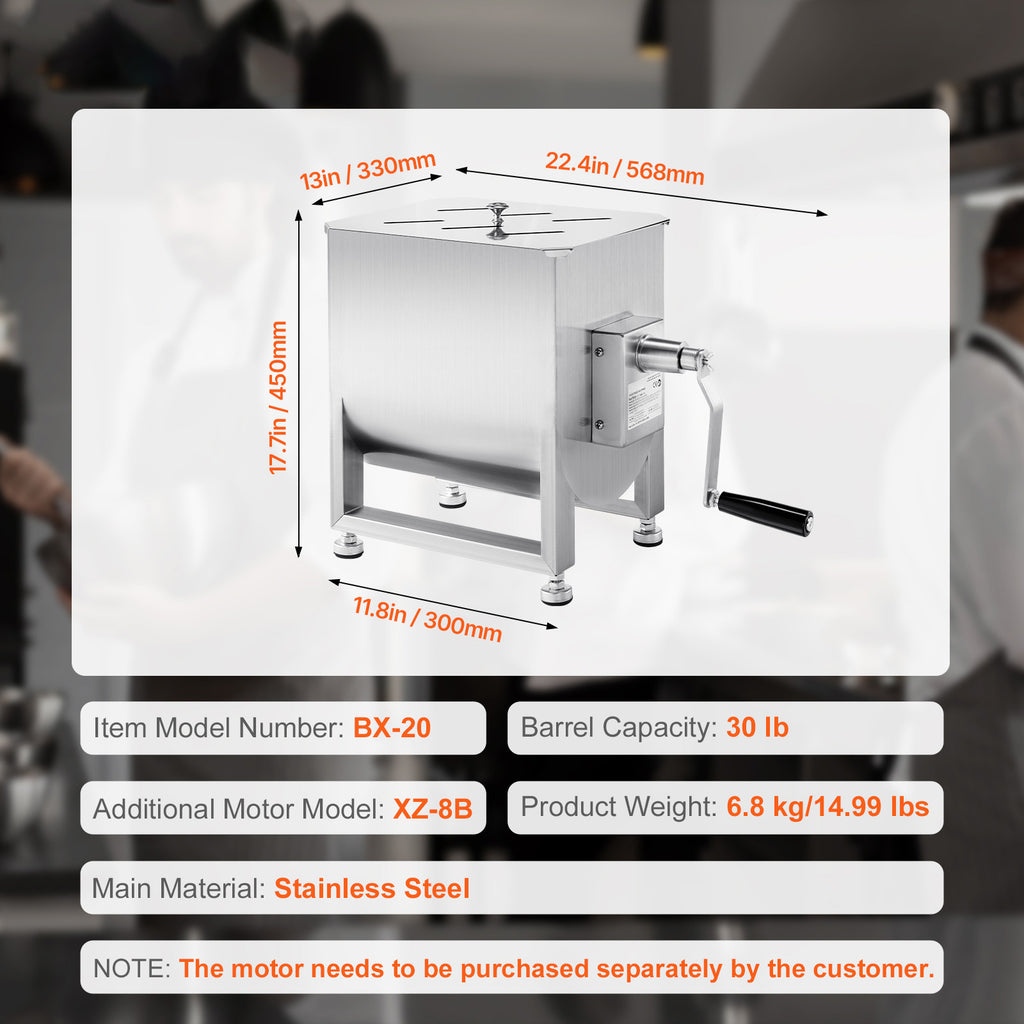 VEVOR Manual Meat Mixer 10L/20L/30L/40L Fixed Tank Mixing Max 60LB for Meat Sausage Mixer, Non-tiltable style/Tiltable style