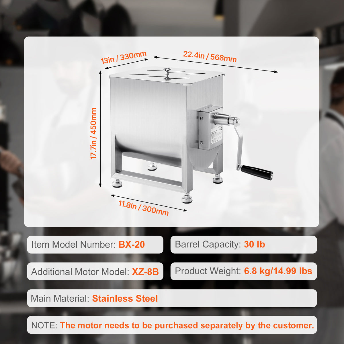 VEVOR Manual Meat Mixer 10L/20L/30L/40L Fixed Tank Mixing Max 60LB for Meat Sausage Mixer, Non-tiltable style/Tiltable style