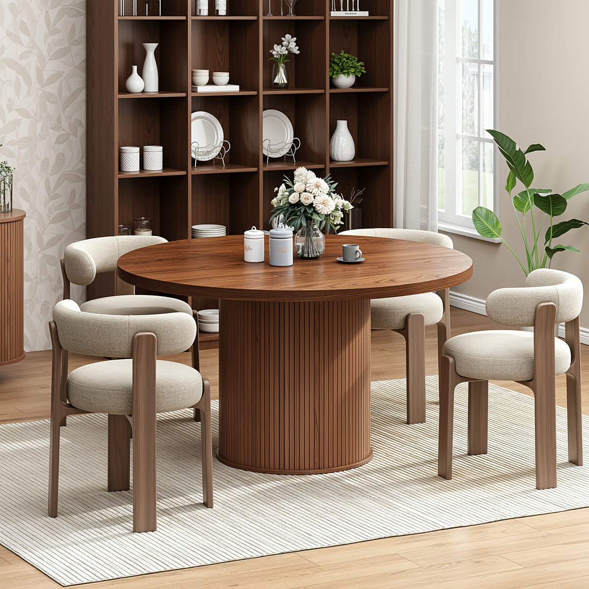 47 Inch Round Dining Table for 4, Circle Kitchen Table with Wood Strip Base, Modern Farmhouse Dinner Tables for Kitchen, Living Room Walnut/Black