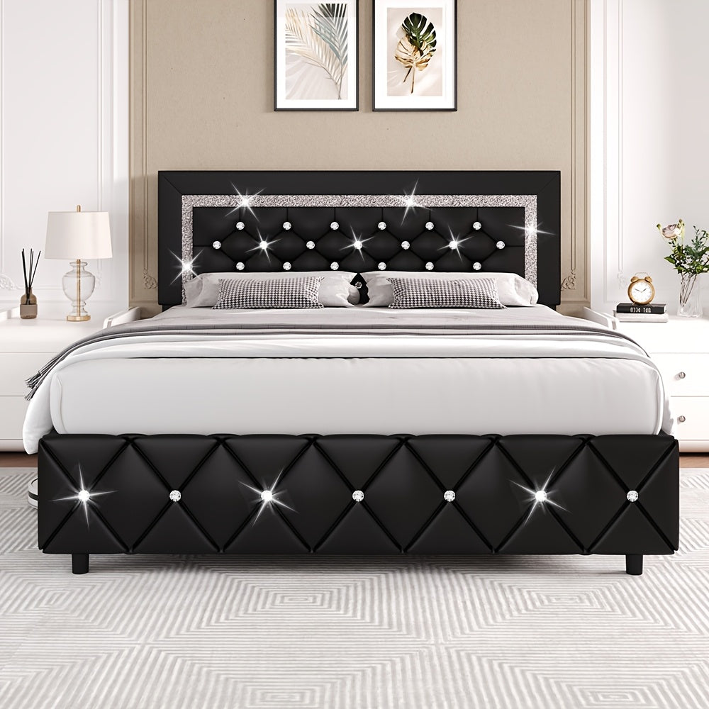 HOMBCK Twin Full Queen King Bed Frame, Padded Platform Bed with Button Tufting Headboard, Princess Platform Bed with Diamond Design, Halloween Decoration, Wooden Strip Support, No Spring Box Needed, Easy to Assemble, Pink/White/Black/Beige