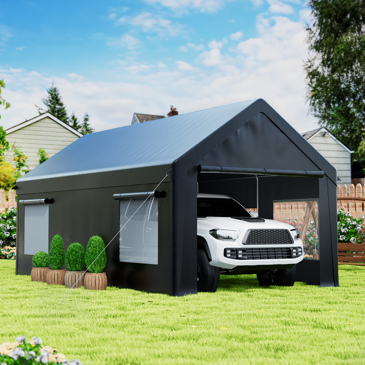 12X20 FT Heavy Duty Carport Canopy with Enhanced Base & Side-Opening Door, Portable Garage for Cars, Trucks, And Boats, Black