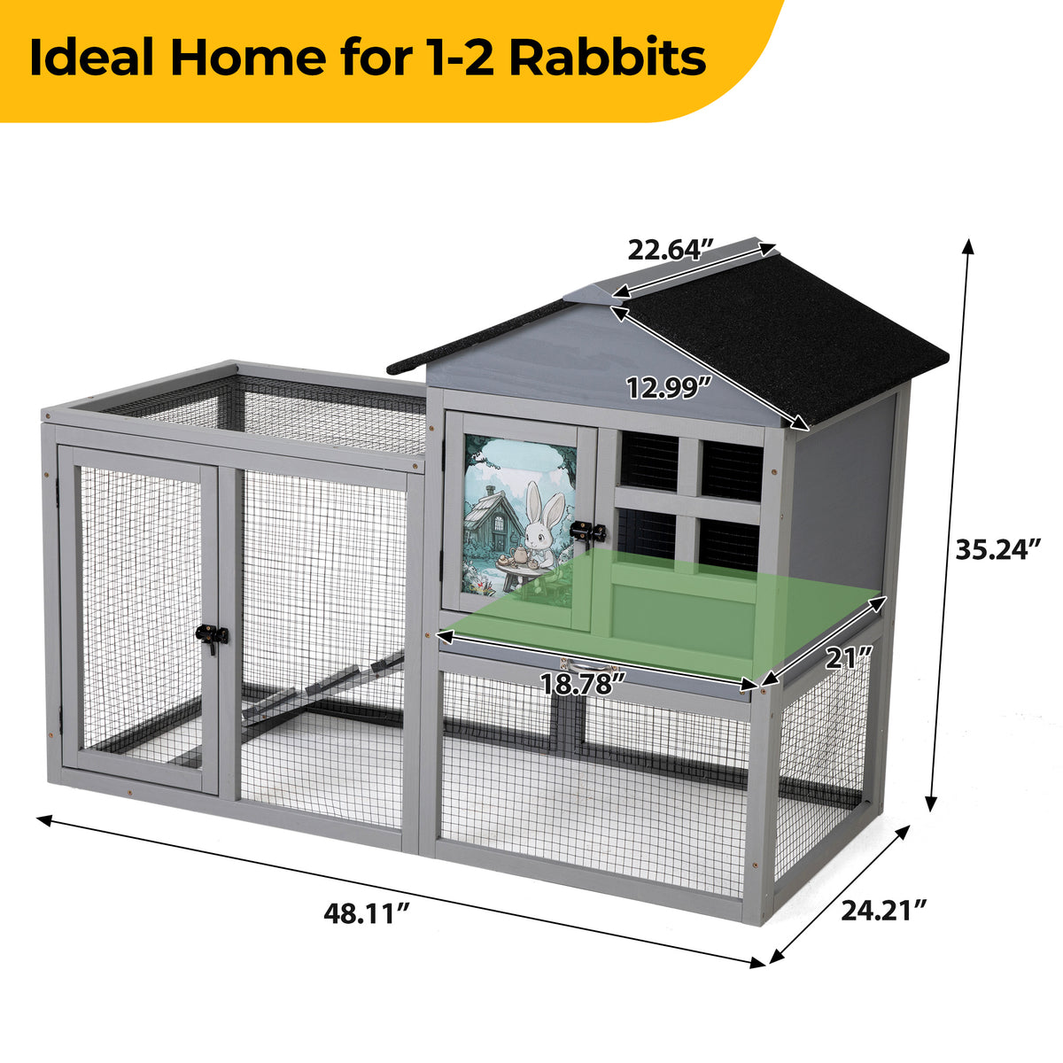 2-Tier Wood Rabbit Hutch, Indoor Outdoor Small Animal House with Removable Tray, Ramp, Openable Roof, Bunny Cage, Grey/Orange with Colorful Patterns