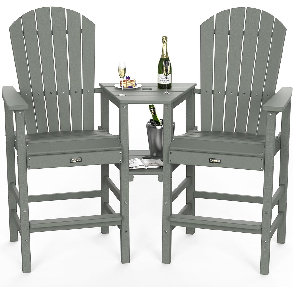 Tall Adirondack Chairs Set of 2 HDPE Balcony Chair with Double Connecting Tray Weather Resistant Outdoor Bar Stools for Patio Deck Lawn Pool Backyard Black