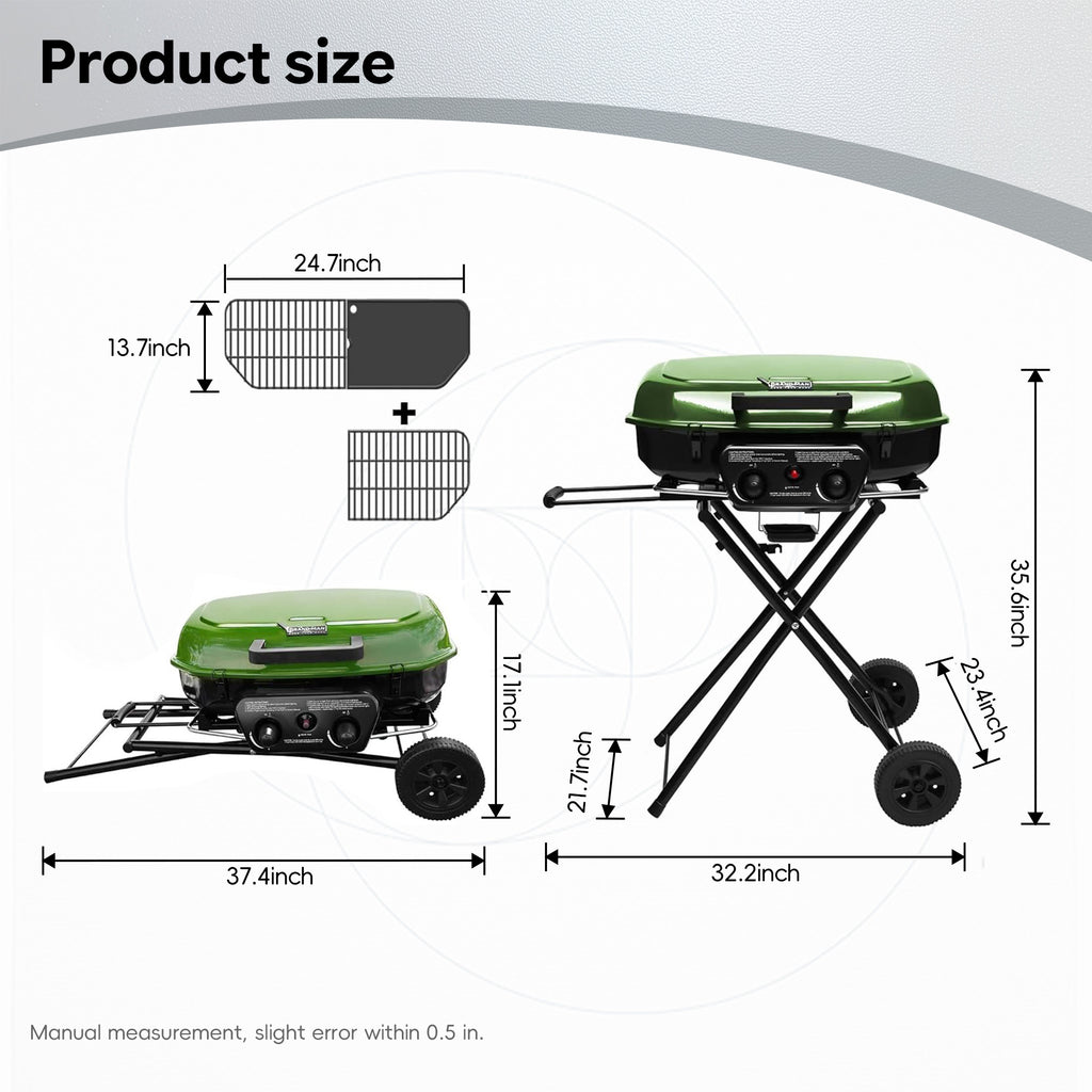 Portable 2-Burner Camping Propane Gas Grill, Enameled Foldable BBQ with Griddle for Outdoor Cooking, Green