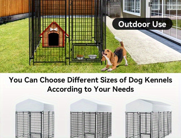 SNDM Outdoor Dog Kennel for Large Dogs, Heavy Duty Welded Wire Steel Dog Playpen Fence with Secure Lock, Dog Pen with Waterproof Roof Cover and 2 Rotating Dog Bowls for Small/Medium/Large Dogs
