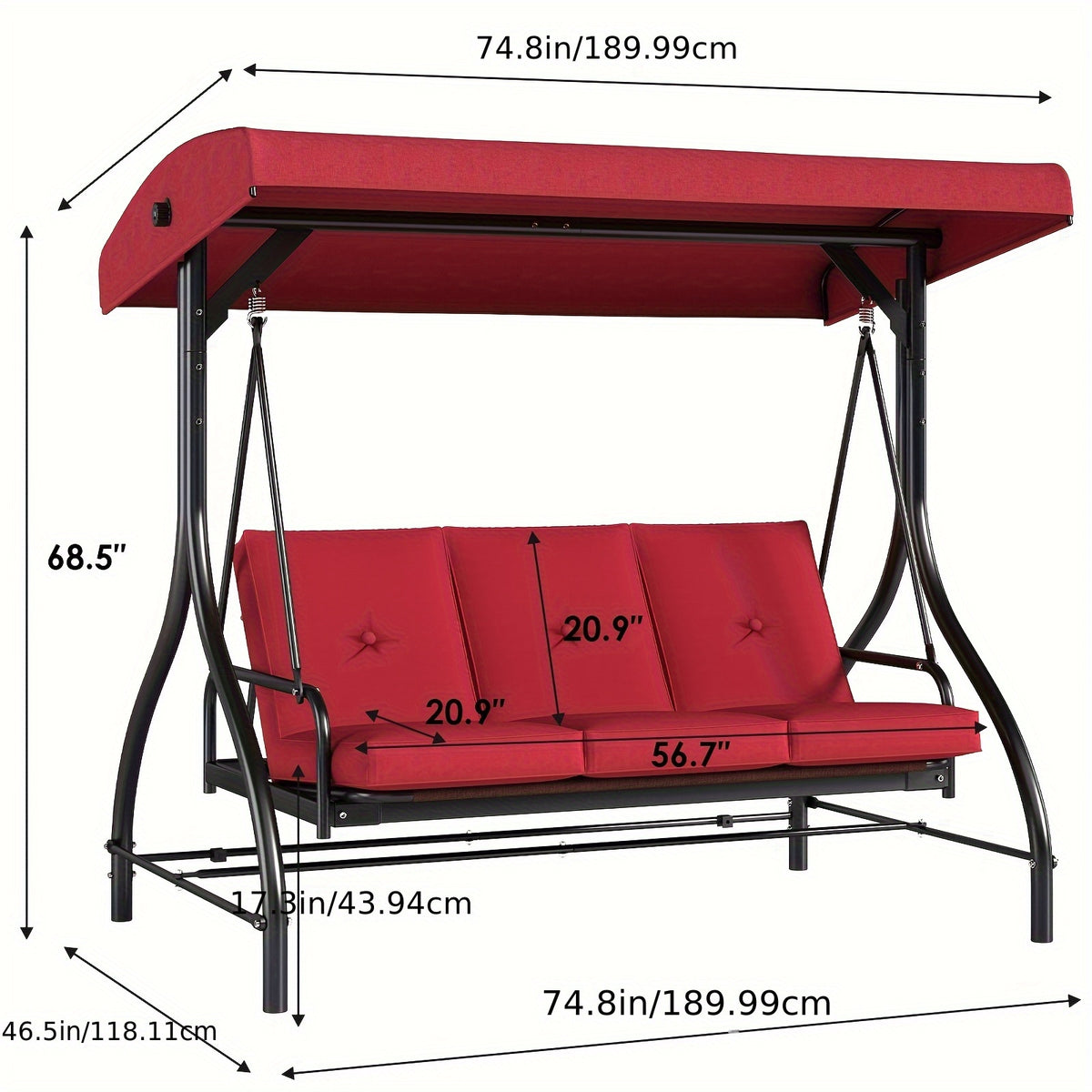 3 Person Patio Porch Swing Outdoor Converting Swing Glider Hammock with Adjustable Canopy, Cushions for Outside Backyard, Garden(Pillow Not Included)