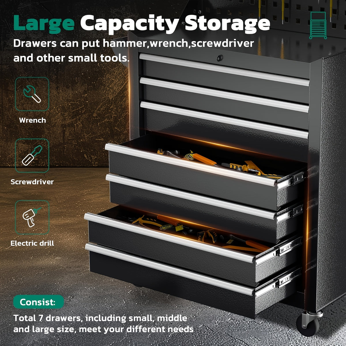 [Rolling Tool Chest] 7-Drawers Rolling Tool Chest Cabinet with Wheels - Keyed Locking System, Non-Slip Mat for Garage Warehouse Workshop