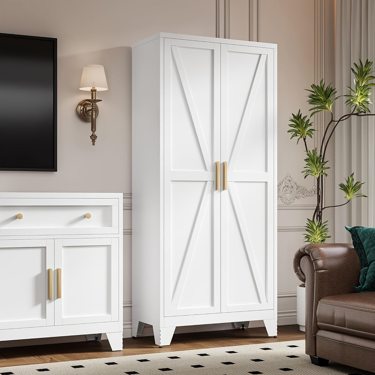 61"/71" Tall Metal Storage Cabinet With 2 Doors And 4 Adjustable Shelves, 5-Tier Kitchen Pantry Storage Cabinet For Kitchen, Living Room, Dining Room And Office