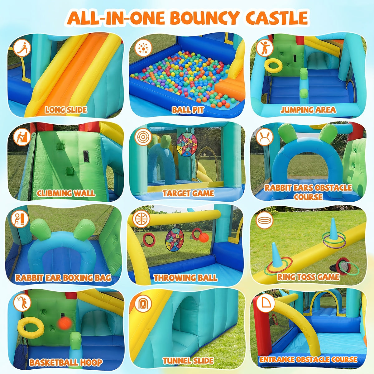 Inflatable Bounce House with Blower for Indoor Outdoor, Rabbit Ears Center Obstacle Bouncy Castle with Ball Pit/Splash Pool, Air-Filled Jumping Bouncer with Center Obstacle/Tunnel/Climbing Wall/Dartboard/Ring Toss/Ball Holes/Hoop