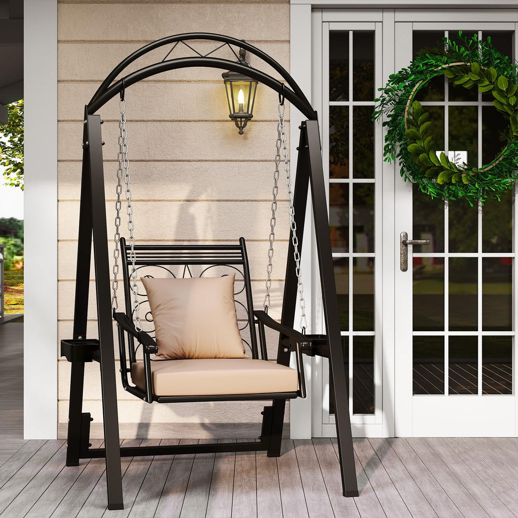 Outdoor Porch Swing with Stand for Adults, Patio Swing Chair with Removable Cushions and Side Tables for Garden, Balcony, Backyard and Poolside
