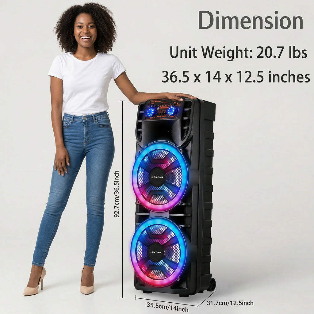Rechargeable Bluetooth Party Speaker with Dual 12 Inch Woofers, Portable Karaoke System with Mic, RGB Lights, TWS, AUX/USB/TF/FM, Echo Control