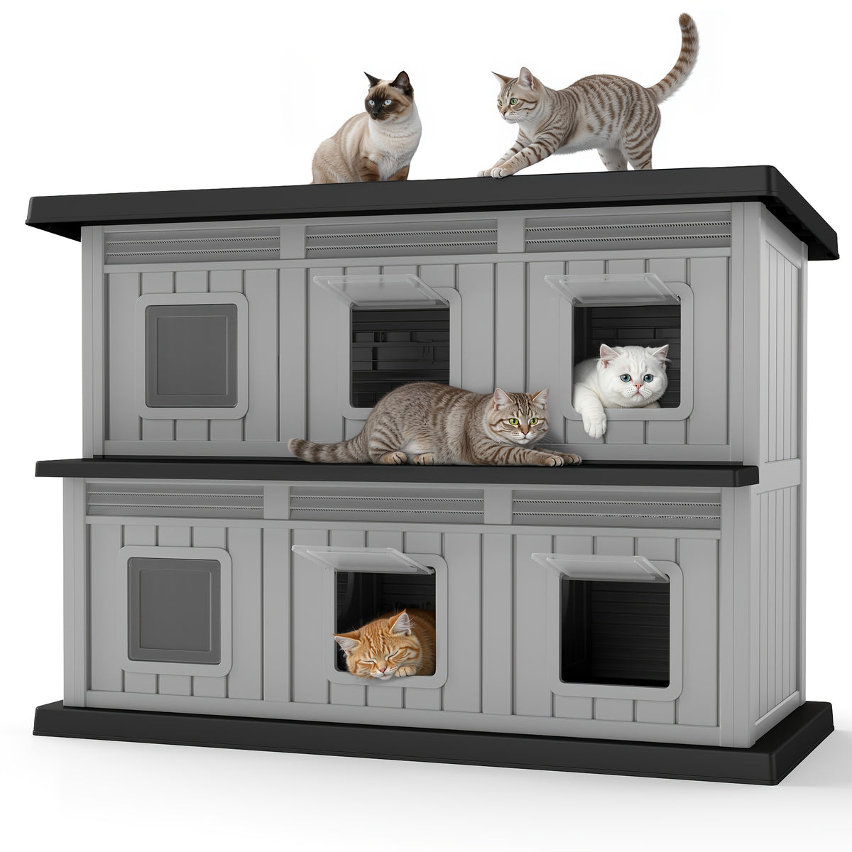 [For Indoor/Outdoor] Large -Weather Resin Outdoor Cat House - Double-Decker Suitable for Cats with Multi-Level Shelter, Assembly Indoor/Outdoor Use, Weatherproof for,, Balcony - Large Space Cat Shelter for Multiple Cats
