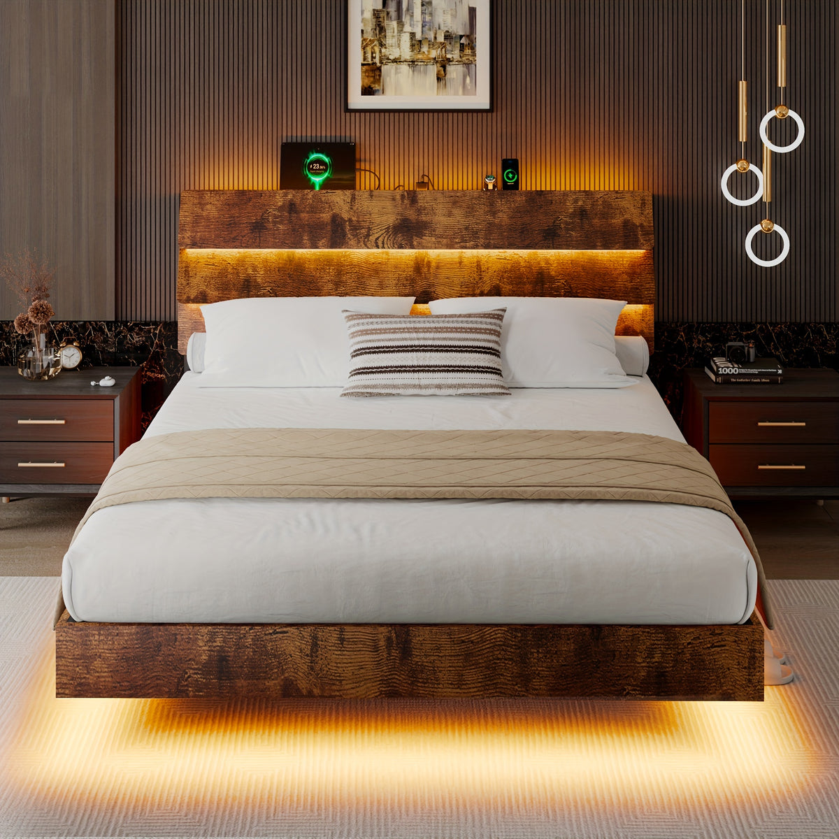 Valnase Floating Bed Frame with LED Lights & Charging Station, Platform Bed with Wooden Storage Headboard, Steel Slats Support, Easy Assembly