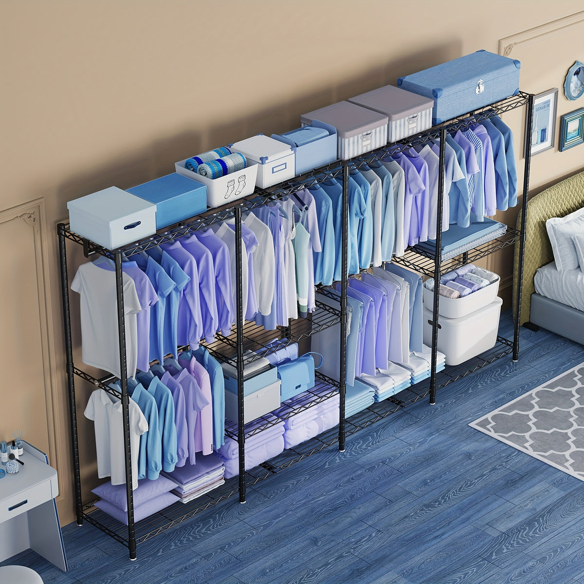 Extra Large Heavy Duty Clothes Rack, 2 Hanging Rods, 11 Dividers, 4 Installation Methods, 1100lb Load Capacity, Size 77"W x 17.7"D x 77"H, Free Standing Metal Wardrobe
