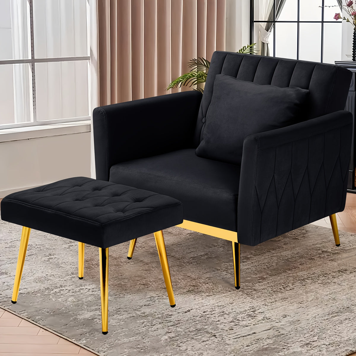 ACMEASE 31.5 Inch Velvet Adjustable Accent Chair with Ottoman & Pillow, Tufted Single Sofa Chair with Golden Metal Legs for Living Room