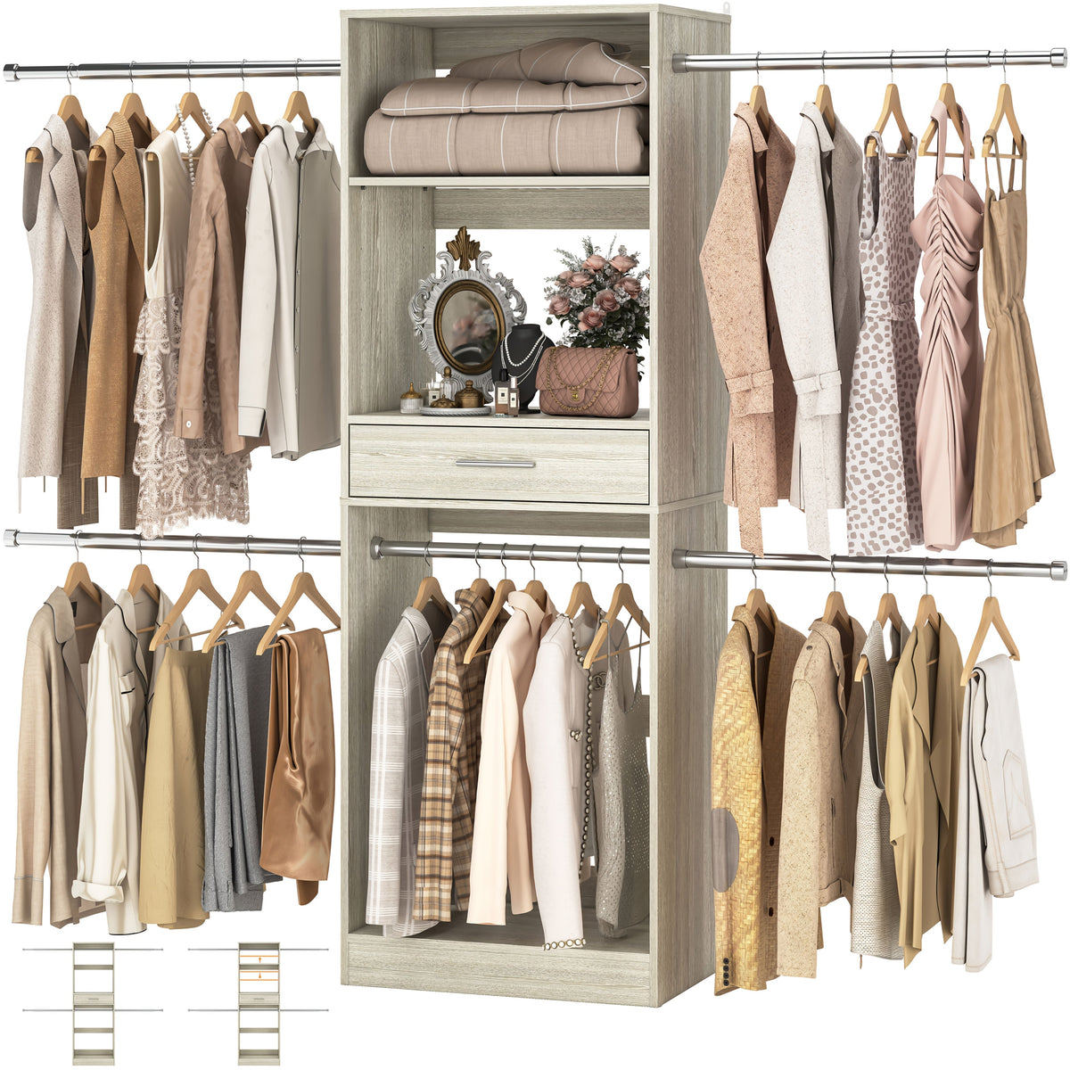 Closet Organizer System for Walk-In or Reach-In Spaces, Adjustable from 42 to 96 Inches with Concealed Drawer Storage