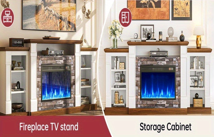 A 70-Inch Television Stand Featuring an Electric Fireplace And Mantel, This Modern Entertainment Unit Provides Open Storage, Remote Control, Adjustable Flames, And LED Lighting, Making It Perfect for Living Rooms And Bedrooms