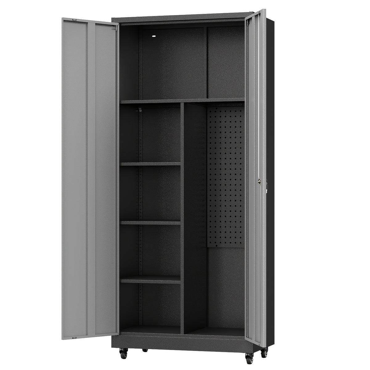 Metal Storage Cabinet with 4 Wheels, 71" H Metal Garage Cabinet, Broom Closet Storage Cabinet with Adjustable Shelves, Tool Storage Cabinets for Garage, Utility Room
