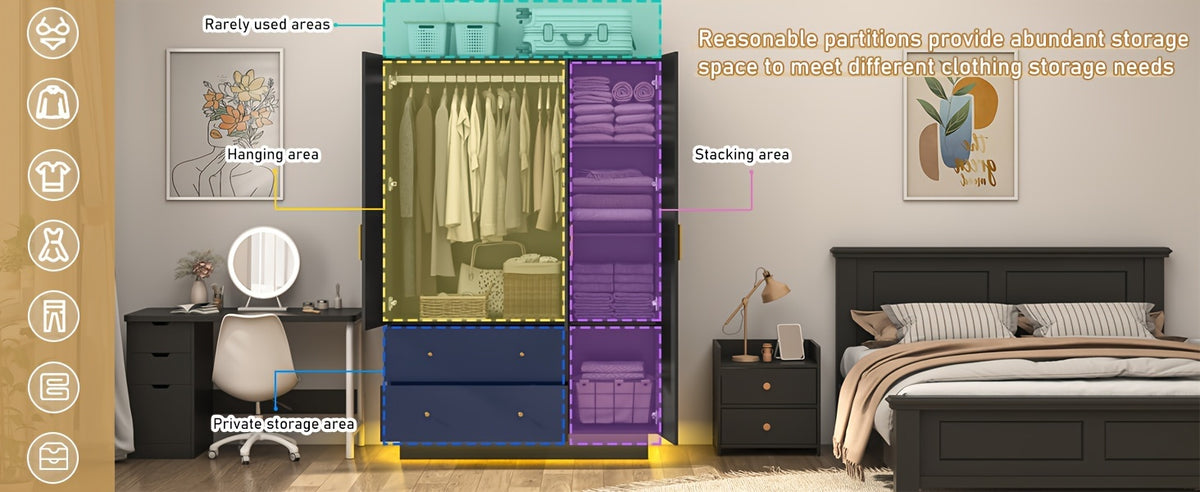 Modern Wardrobe Closet with Mirror And LED Lights, Bedroom Armoire with Drawers And Shelves, Wooden Closet Cabinet with Hanging Rod