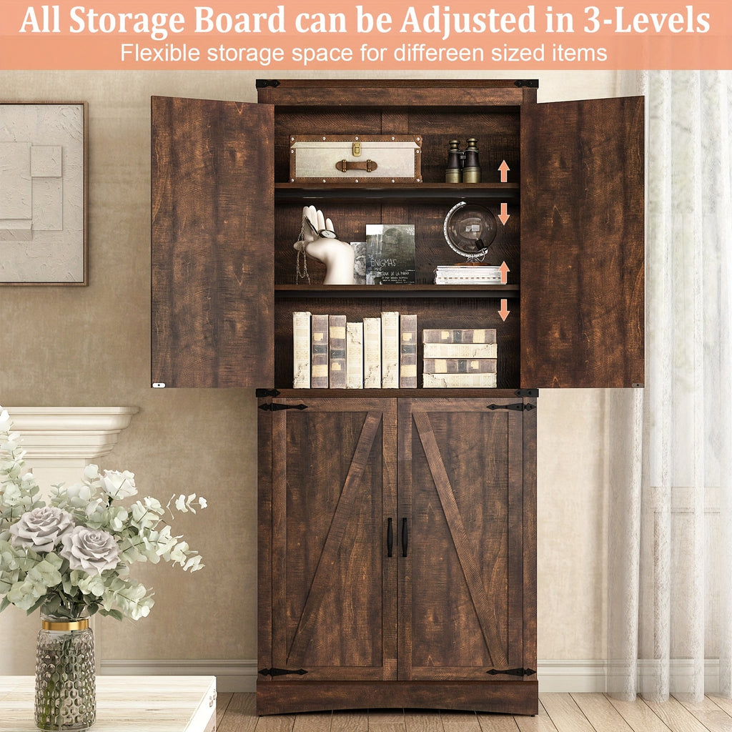 Farmhouse Tall Storage Cabinet with 4 Doors & Adjustable Shelves, 71in Pantry Cabinet for Kitchen, Living Room, Dining Room, Bathroom, Rustic Wood Storage Cabinet