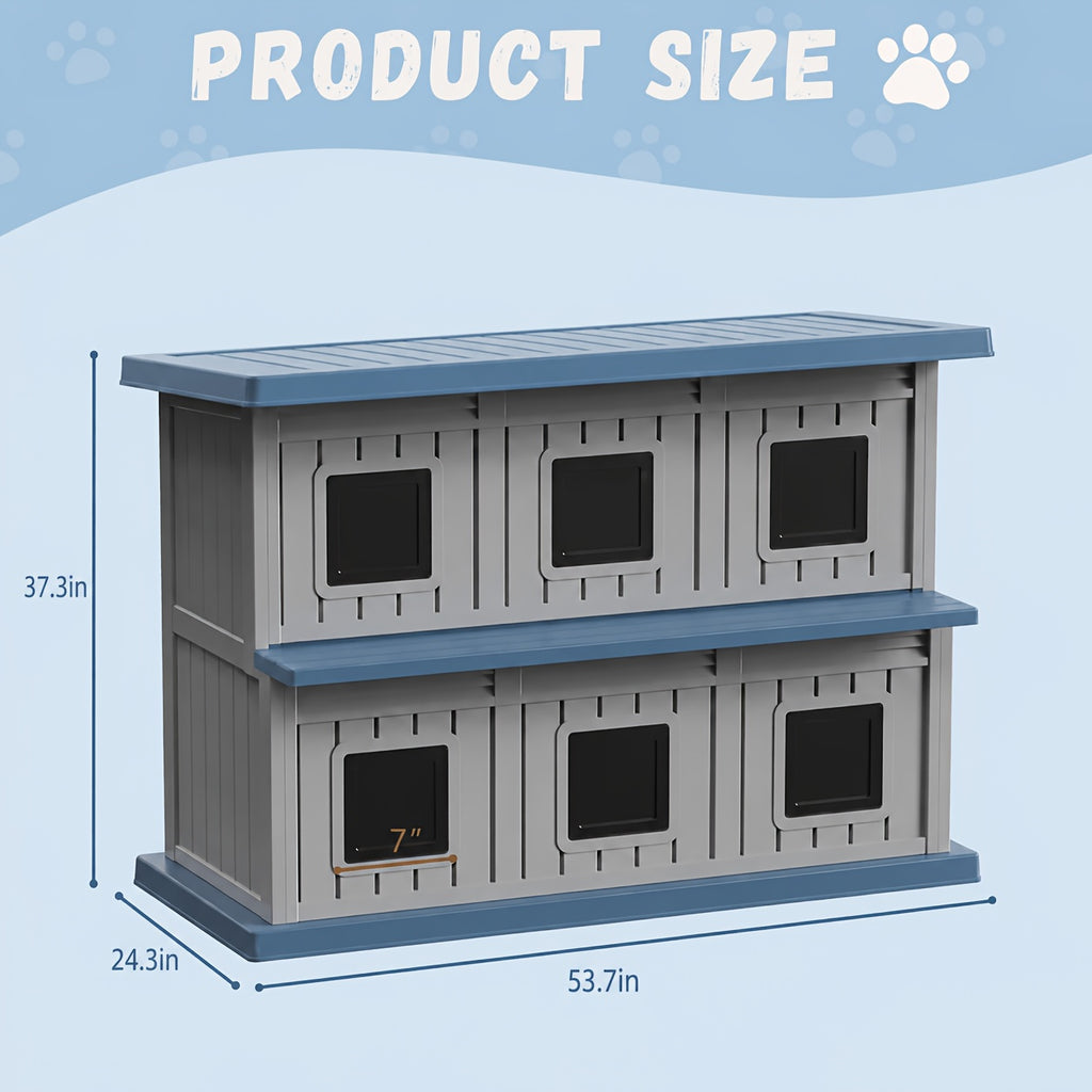 Double-Layer Stray Cat House - 2-Story Outdoor/ Cat Shelter with Large Cozy Space, Multiple Small Windows for Ventilation, Easy Assembly Solid Structure, Gray-Black for stray & feral cats (No Required)