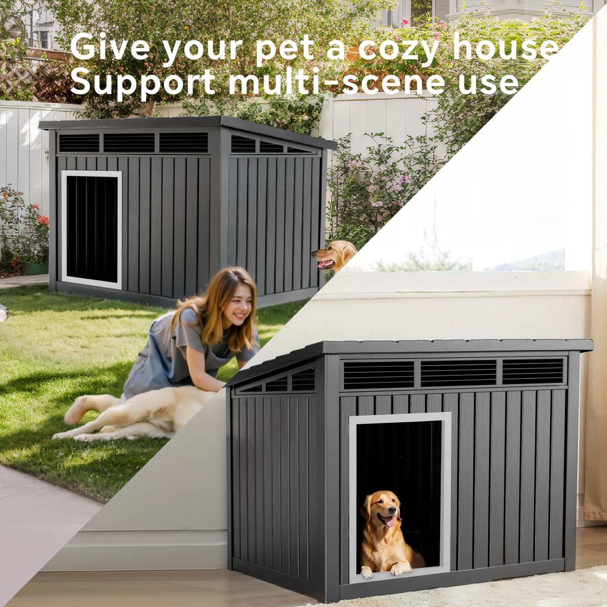 42.87"x32.95"x31.61" Slanted Top Doghouse for Large Dogs - UV-Resistant  Outdoor Pet Shelter with Ventilation Openings, Easy Assembly, Durable Plastic Construction,, Modern Pet House, Weatherproof Pet Home,Outdoor Stray Dog Kennel