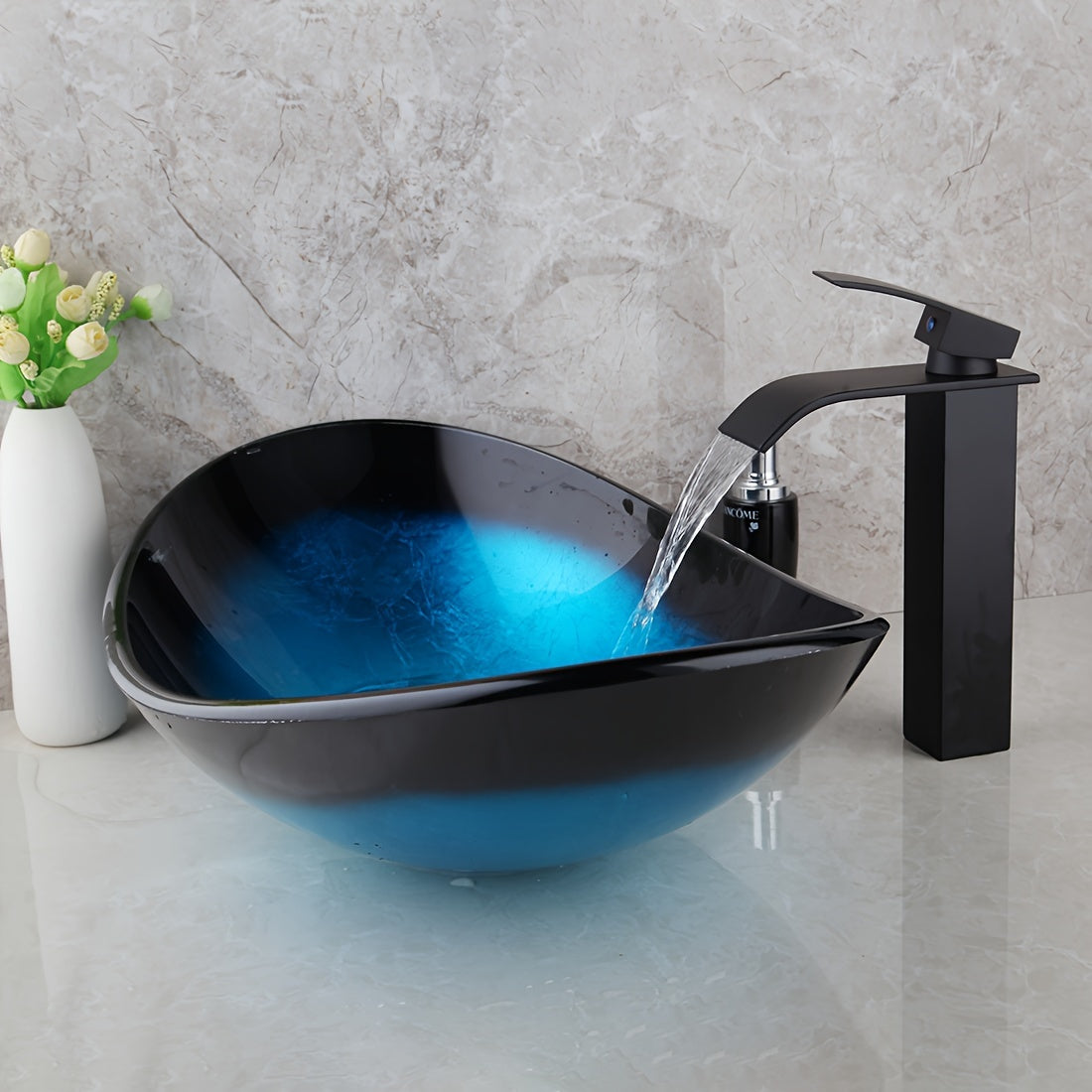 Contemporary Oval Bathroom Sink - Tempered Glass, Black & Blue with Waterfall Faucet and Pop-Up Drain, Durable Countertop Basin