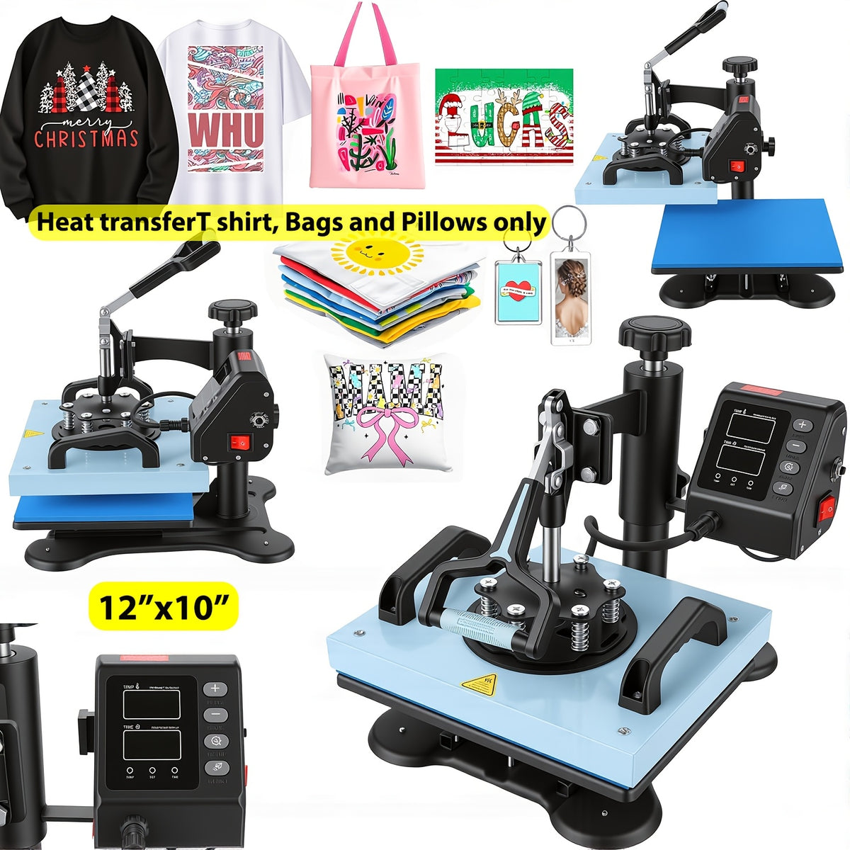 11pcs 8-in-1 - 15"x15"/12"x15" Heat Press Set for T-Shirts, Bags, Pillows, Hats, Beanies, Roller - 12"x10" T-Shirt Machine(Weight 25.35 Lbs) & 15"x15" Auto Single-Workbench & 15"x15" Auto Dual-Workbench Heat Press Only for Cloth, Shirts, Canvas Bags