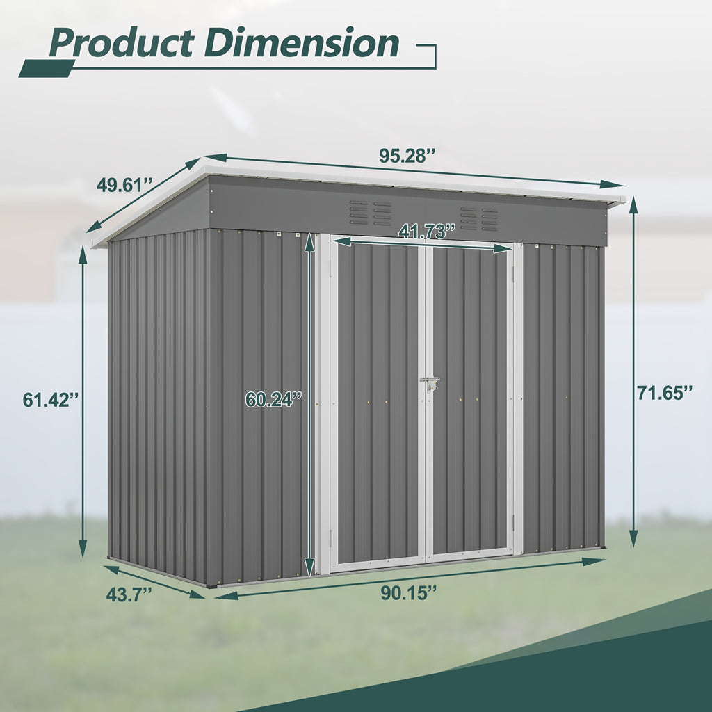 Outdoor Metal Storage Shed, 8' x 4' Gray Backyard Organizer with Lockable Door and Floor Frame