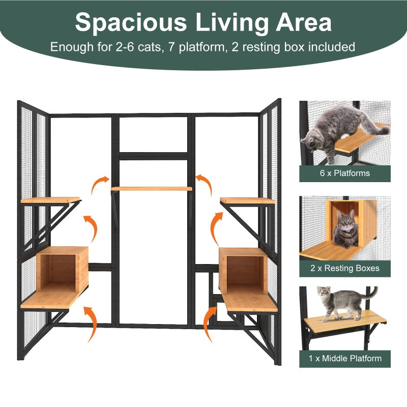 Large Cats House, Black Catio Outdoor Cat Enclosure, Cat Catio for Mulitiple Cats Walk In with Cover And Sunshine Roof, Pet Cage with 7 Platforms And 2 Resting Box, 72 Inch