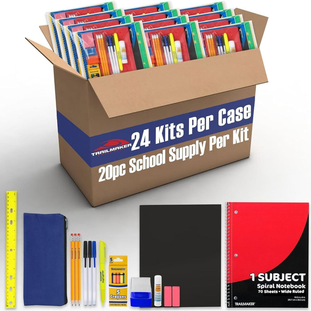 24 Pack of 20 Piece Stationary Kits Containing 1 Spiral Notebook, 1 Colored Folder, 3 Ballpoint Pens, 3 Pencils, 5 Crayons, 2 Erasers, 1 Pencil Case, 1 Sharpener & More!