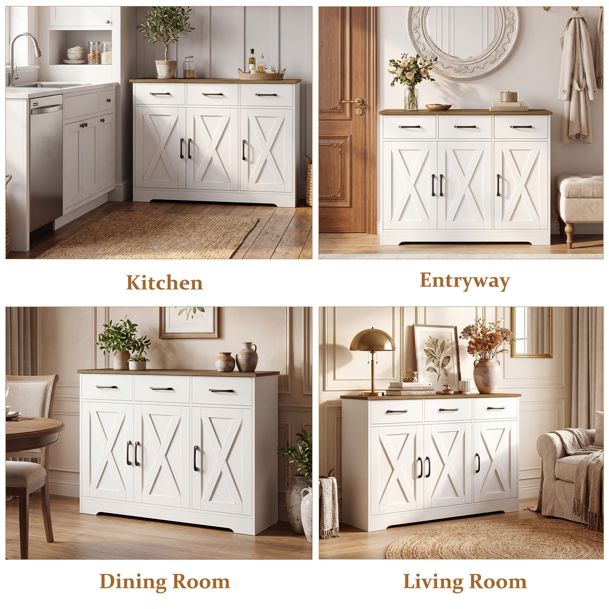FULTRU Modern Farmhouse Cabinet with Barn Door & Sliding Panel Doors Suitable for Kitchen, Dining Room Storage, Freestanding Buffet Furniture with Drawers and Open Shelves, Assembly Required, Multifunctional Sideboard