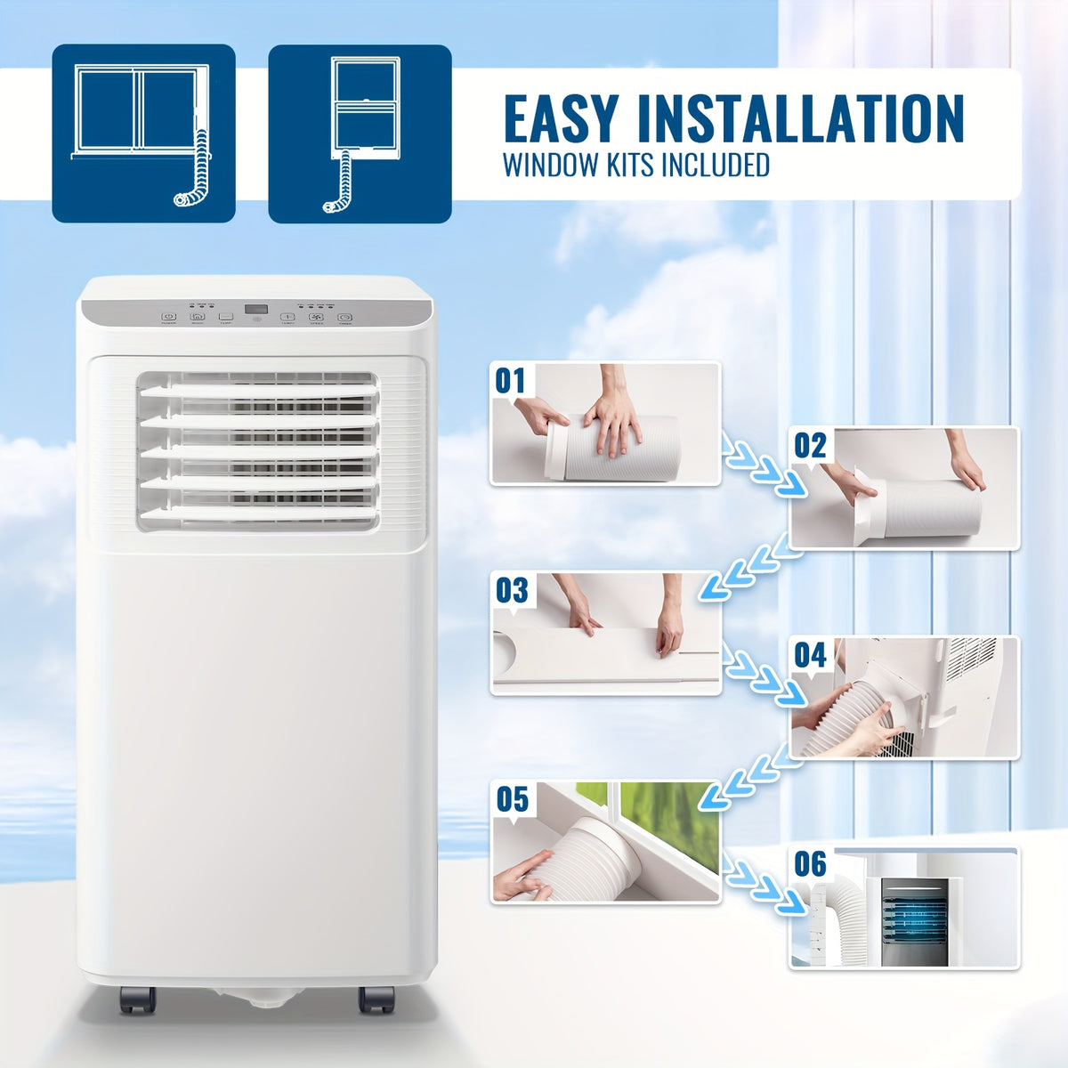 [Up to 8000 BTU Portable AC] Portable Air Conditioner, Air Conditioner with Cooling, Fan, Dehumidifier, Sleep Mode, Cooling Up to 250 Sq.Ft. with 24H Timer/Digital Display/Remote Control & Window Kit, Perfer for Office Bedroom & Apartment