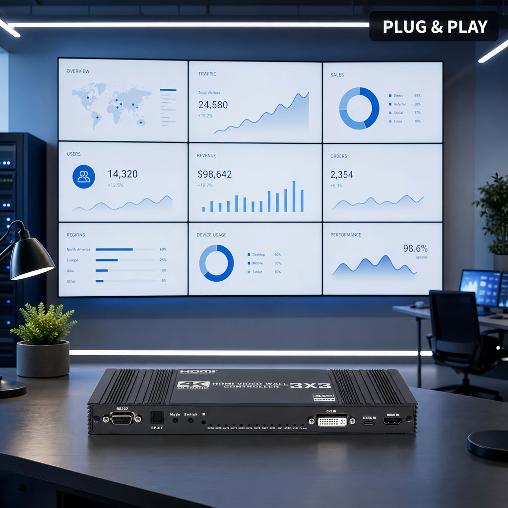 3x3 HDTV Video Wall Controller, 4K@30Hz Input 1080P@60Hz 9 HDTV Output TV Splicer | 17 Display Modes, 90°/180°/270° Rotation, Bezel Fusion, SPDIF 5.1CH Audio Extractor, Plug & Play With IR Remote For Advertising Screen, Home Theate