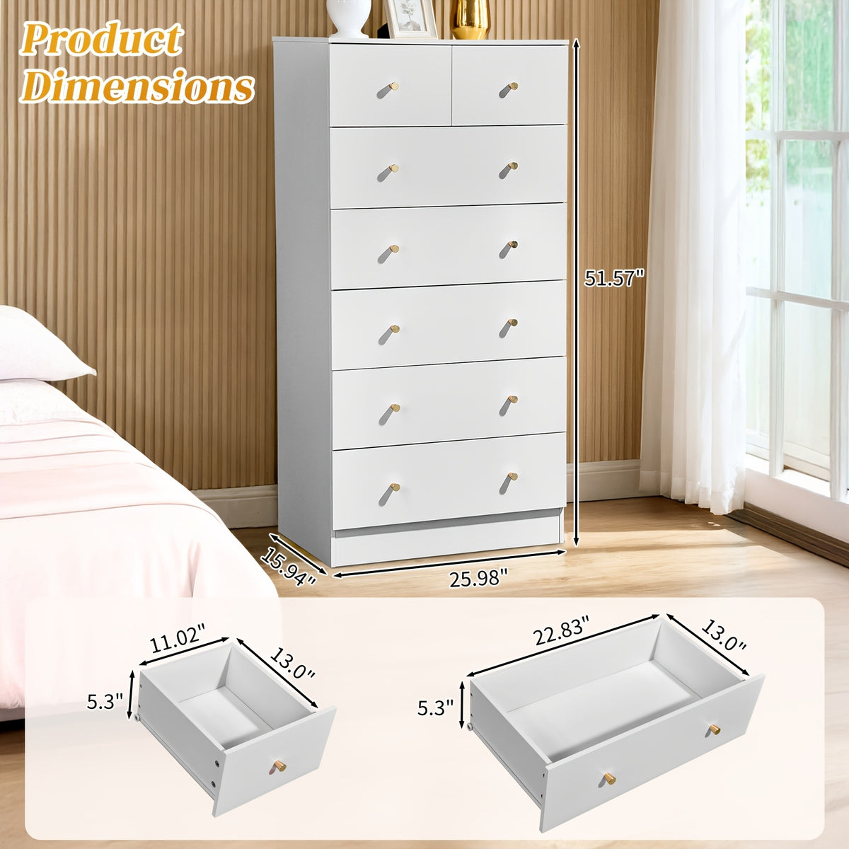 Bonnlo Dresser Featuring Seven Drawers, Wooden Chest of Drawers, Contemporary Storage Organizer Nightstand for The Bedroom