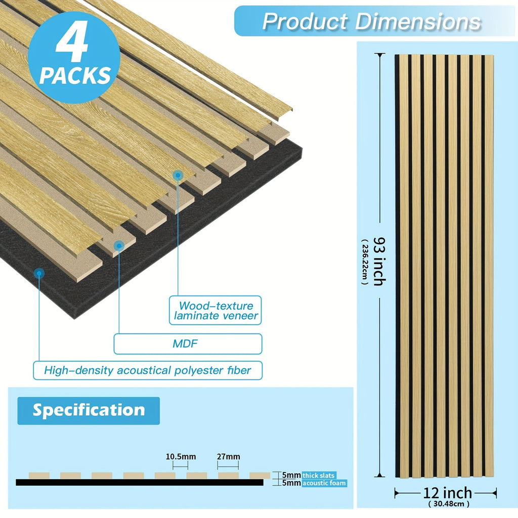 4-Sheet 93" X 12" Textured Wood-Look 3D Wall And Ceiling Tiles Noise Insulating MDF Grille Design, 31 Sq.Ft Coverage with Screws X56