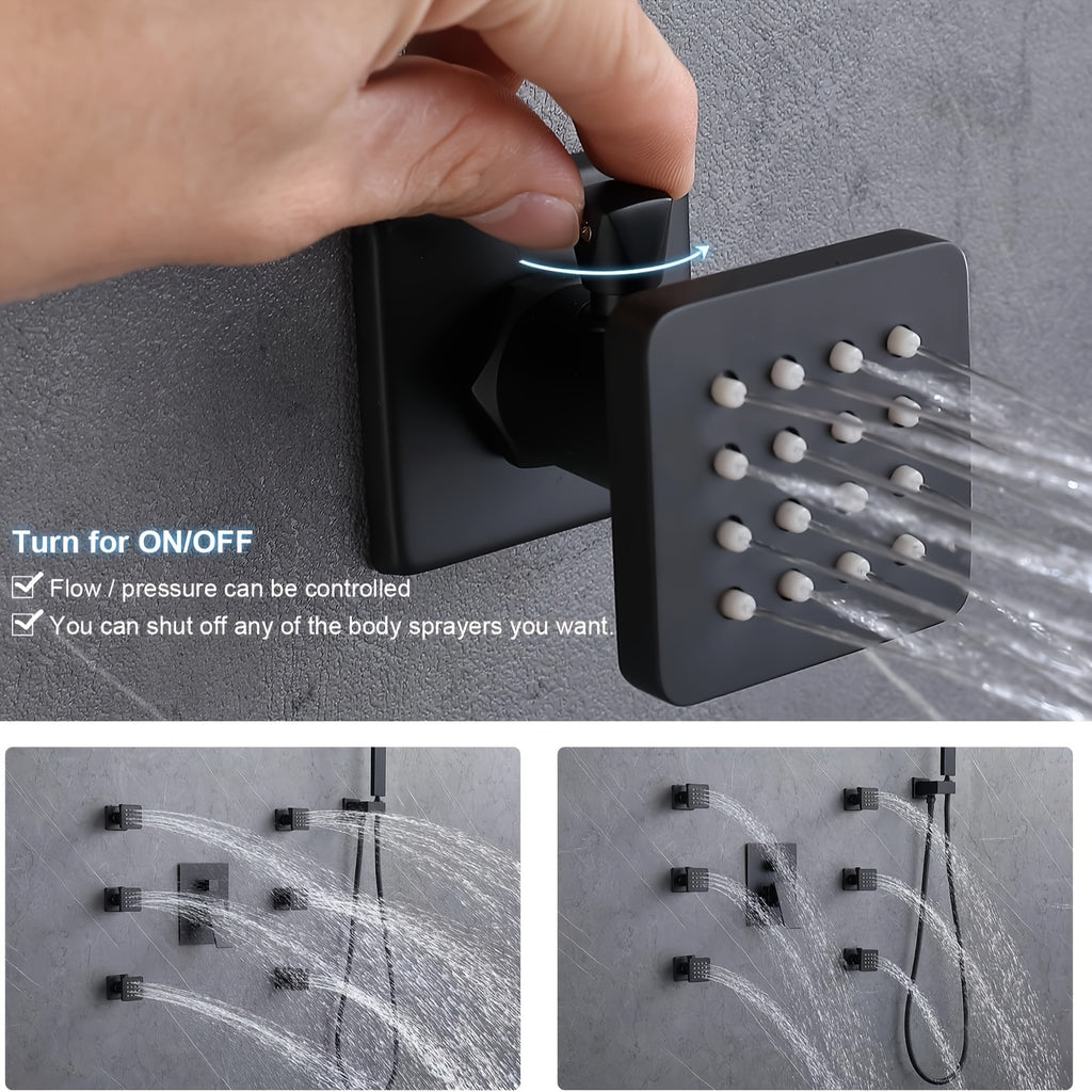 Modern Matte Black Thermostatic Shower System with LED Rainfall Head & Temperature Control - Wall-Mounted Stainless Square Faucet Combo, Massage Function for Bathing (Faucet and Shower Head) - Luxury Bath Suite