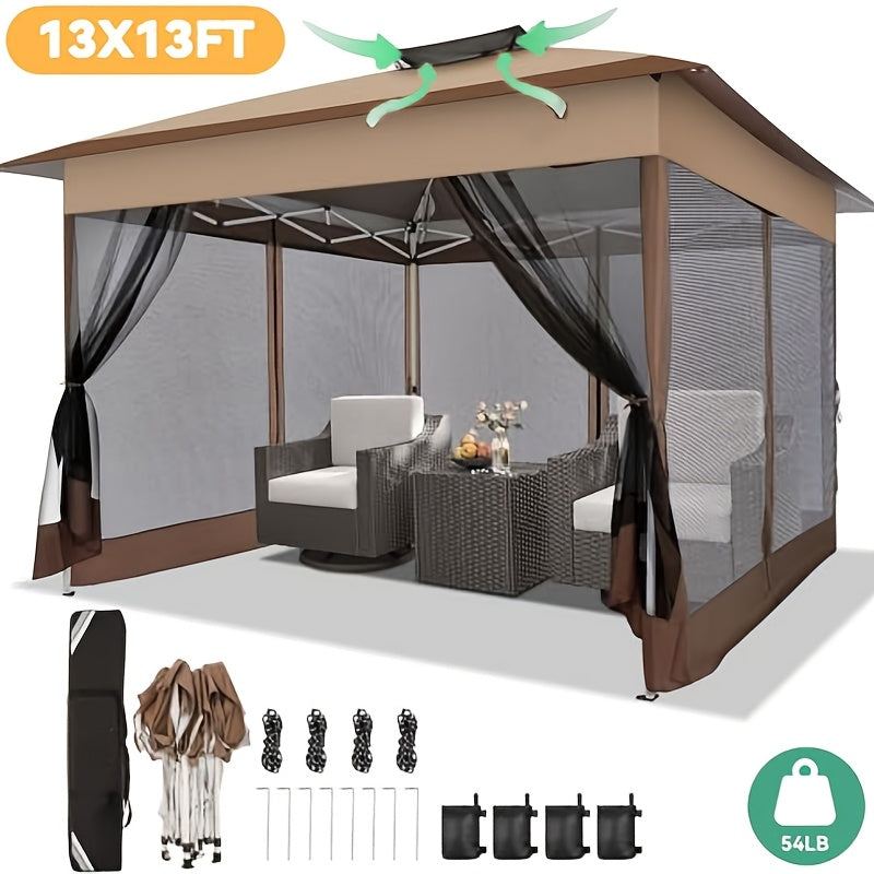 13x13ft Pop-up Gazebo Canopy Tent - Upgraded Metal Outdoor Waterproof Canopy - Portable Gazebo with Mosquito Net, 4 Ropes And 4 Sandbags, 8 Ground Pegs And Tote Bag, Suitable for Lawns, Gardens, Backyards And Patios.