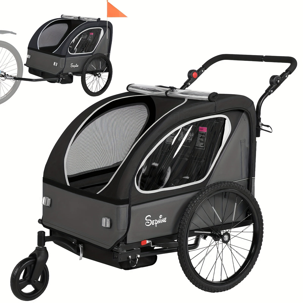 MOJAY Bike Trailer for Kids, 2 In1 Canopy Carrier Converts to Stroller, Suitable for 1 to 2 Toddlers, Kids, Quick Attach to Bike, Foldable, with 5-Point Harness And Storage Bags