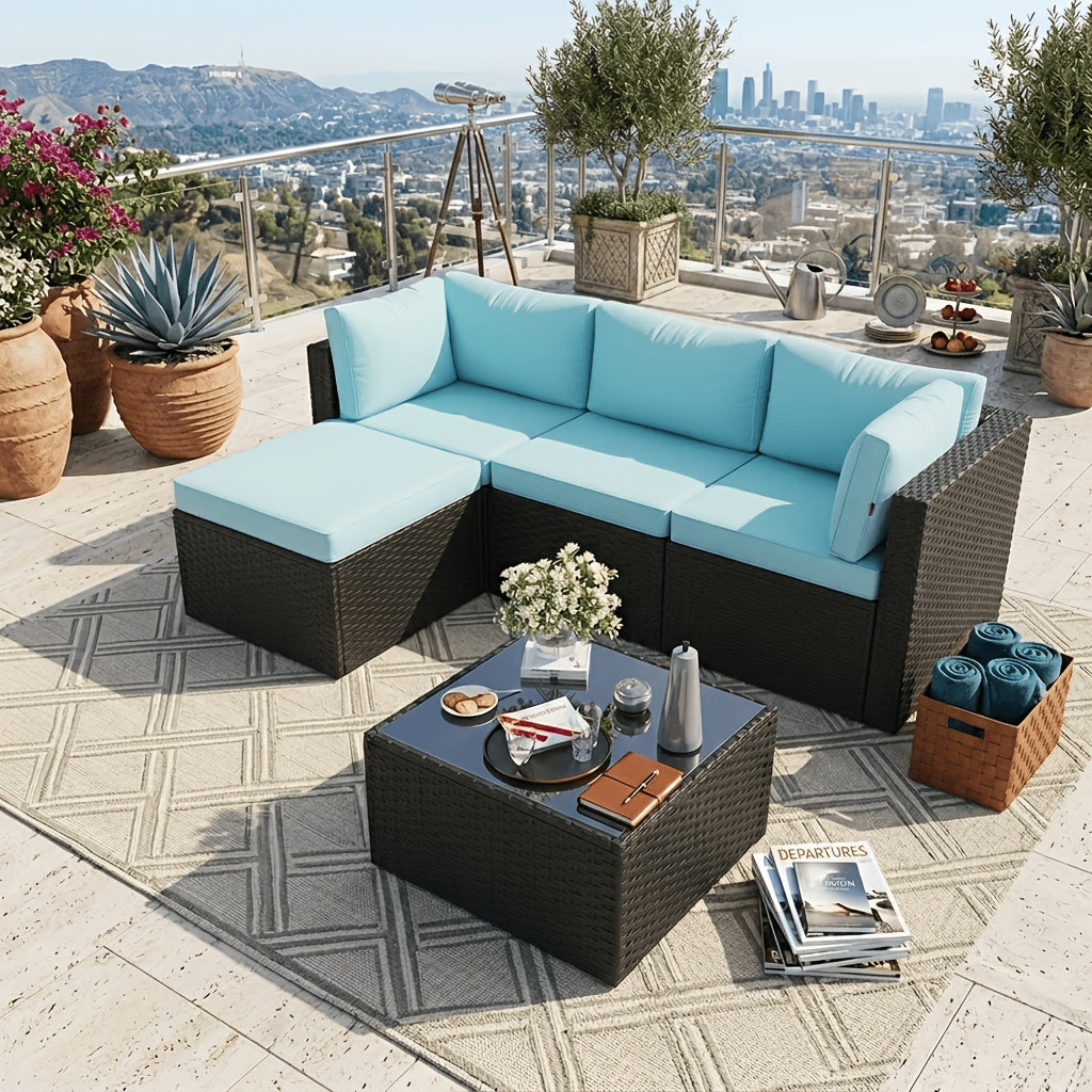 Discount! 5/6pcs L-Shaped Rattan Patio Sofa Set with Cushions, Glass Coffee Table & Ottoman, Perfect for Patio, Backyard, Garden, Balcony, Terrace, Poolside, Porch, Villa Outdoor Areas, Homestays, And Restaurant Outdoor Lounges