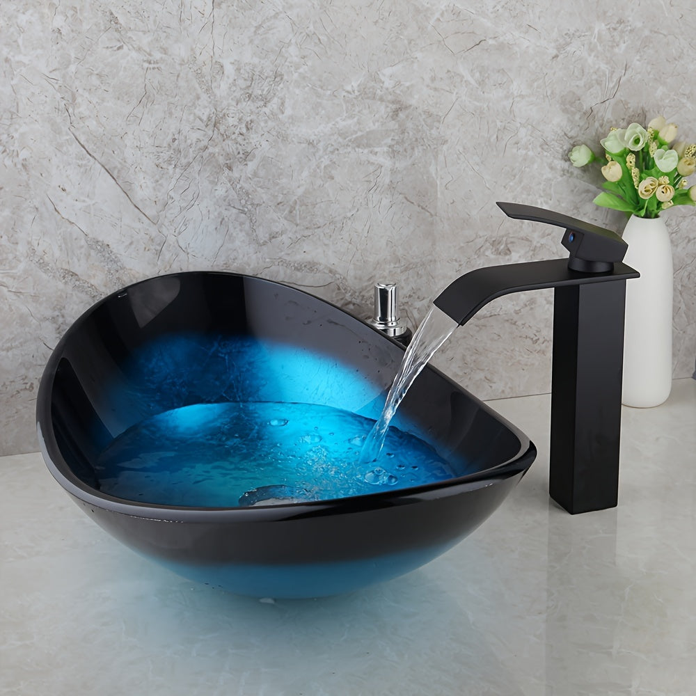 Contemporary Oval Bathroom Sink - Tempered Glass, Black & Blue with Waterfall Faucet and Pop-Up Drain, Durable Countertop Basin
