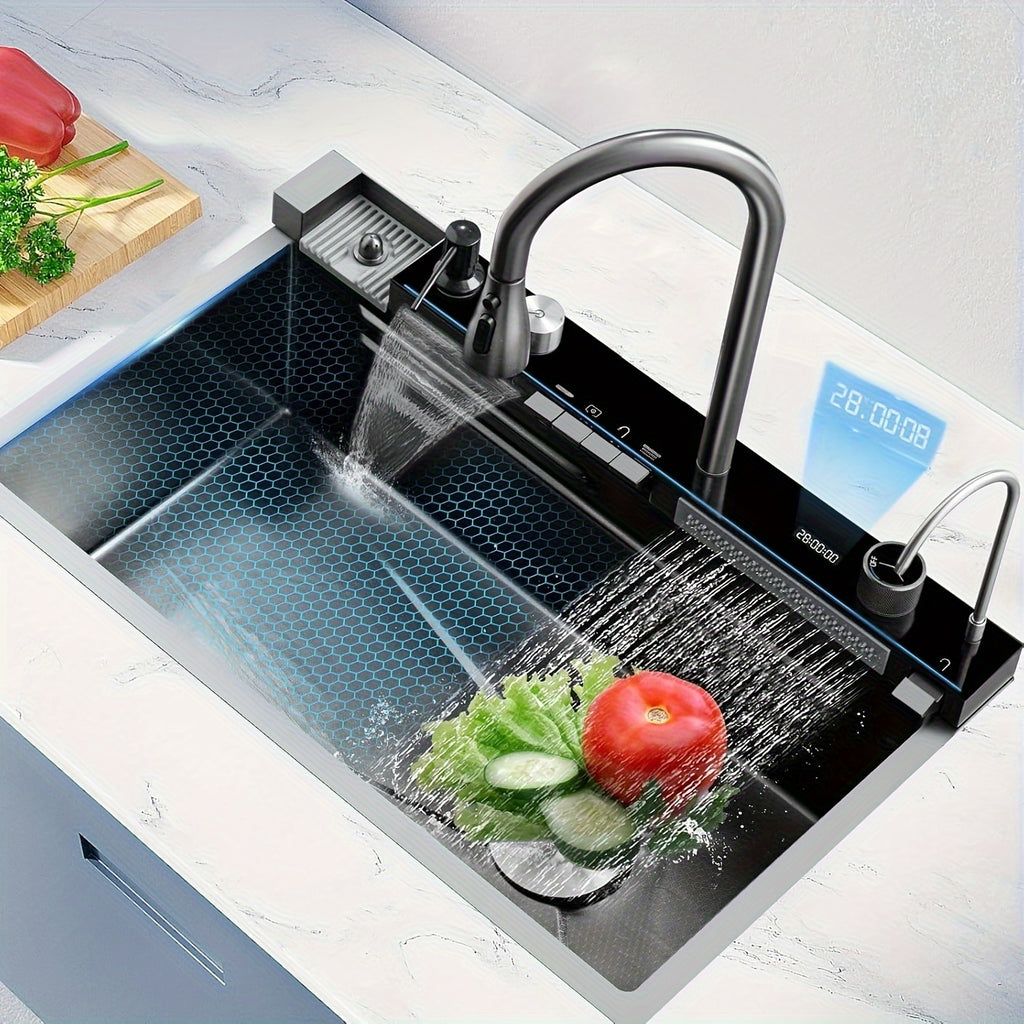 Smart Waterfall Kitchen Sink, 31.5"x17.7" Drop In Stainless Steel | Digital Display, Large Single Bowl, Workstation, Pull-Out Faucet, Multi-Function Spray, Lead-Free, Rust-Proof, Easy Clean