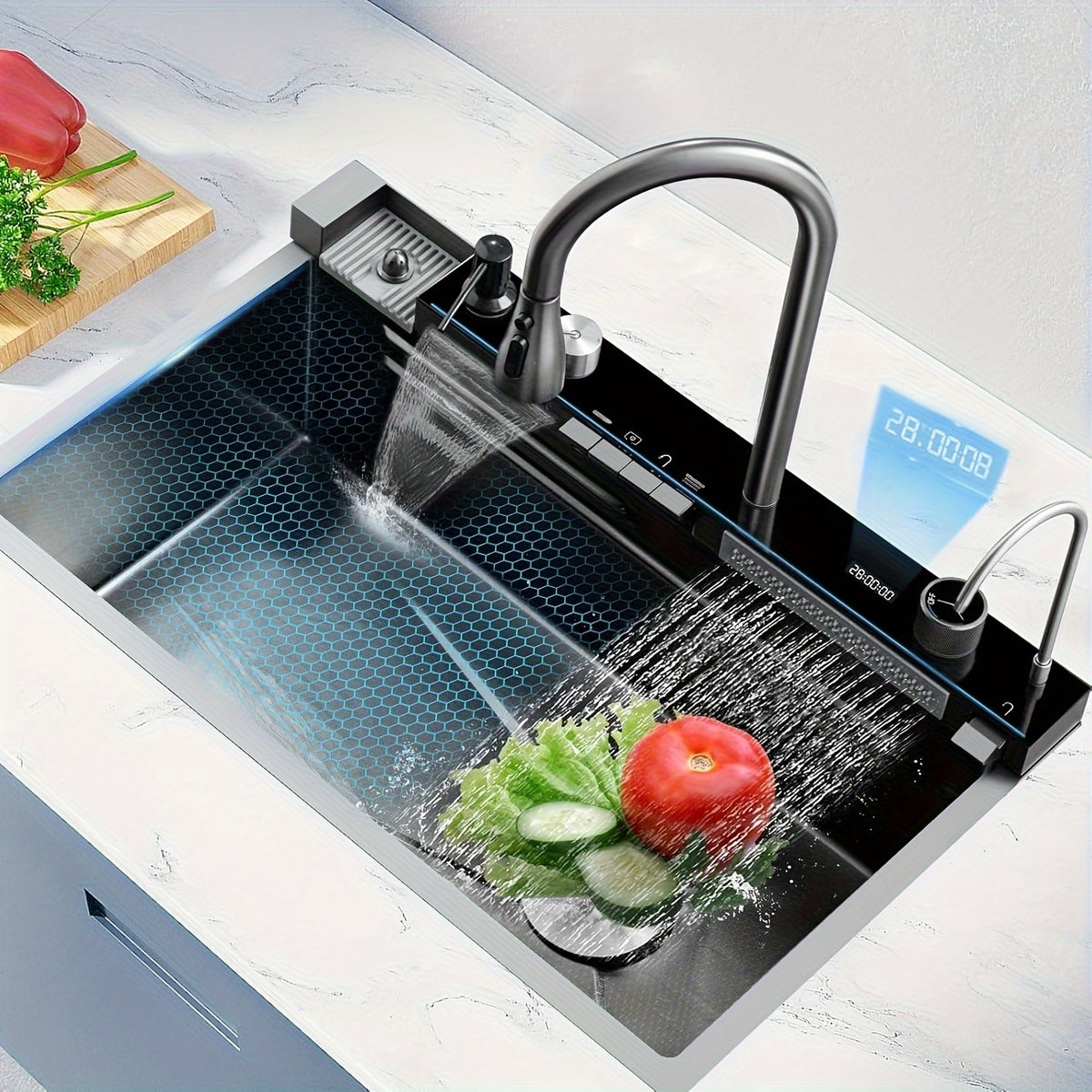 Smart Waterfall Kitchen Sink, 31.5"x17.7" Drop In Stainless Steel | Digital Display, Large Single Bowl, Workstation, Pull-Out Faucet, Multi-Function Spray, Lead-Free, Rust-Proof, Easy Clean