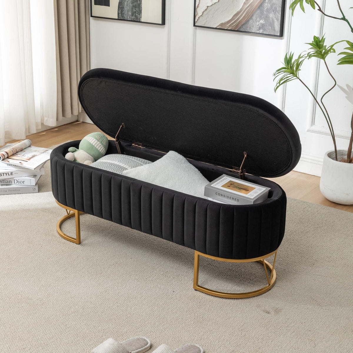 Modern 46”/46.5” (depending on orientation) Oval Velvet Storage Bench with Hinged-Lid Mechanism & Flip-Top Lid - Plush Upholstered Ottoman for End of Bed, Entryway, Living Room - Wood Frame & Luxury Design, Space-Saving Furniture (Standalone)